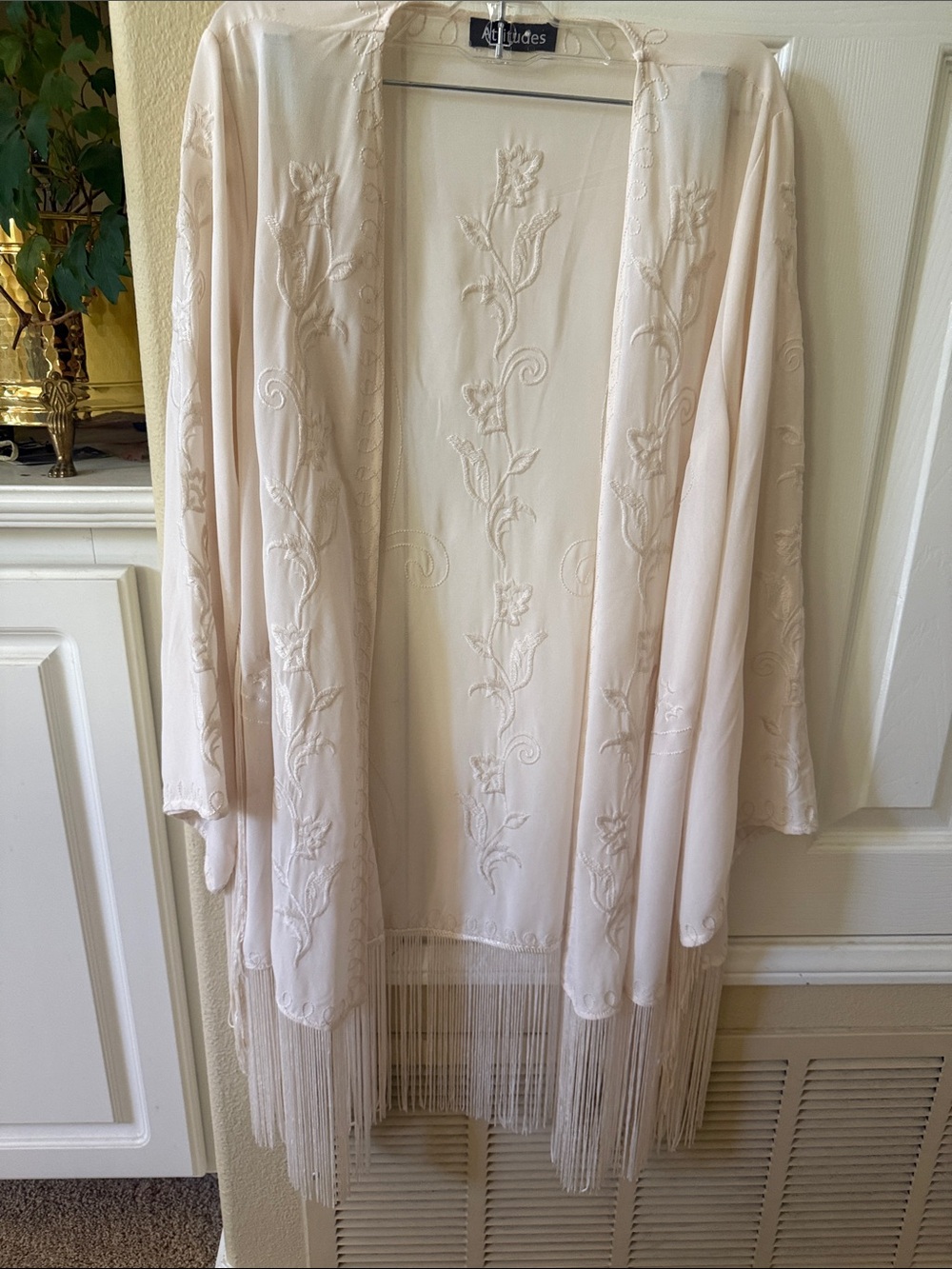 Silky Cream Embroidered Fringe Kimono swimsuit cover one size romantic getaway